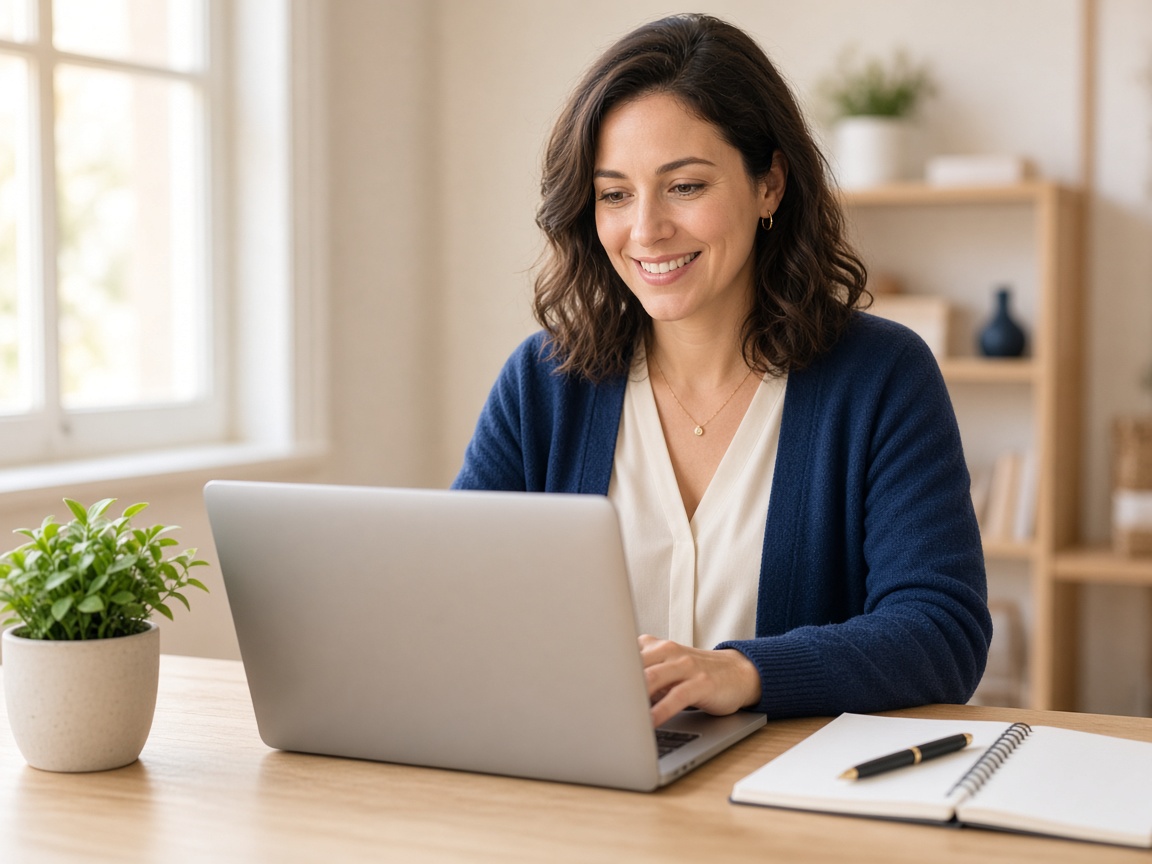 Smiling woman studying an online notary course on her laptop at home